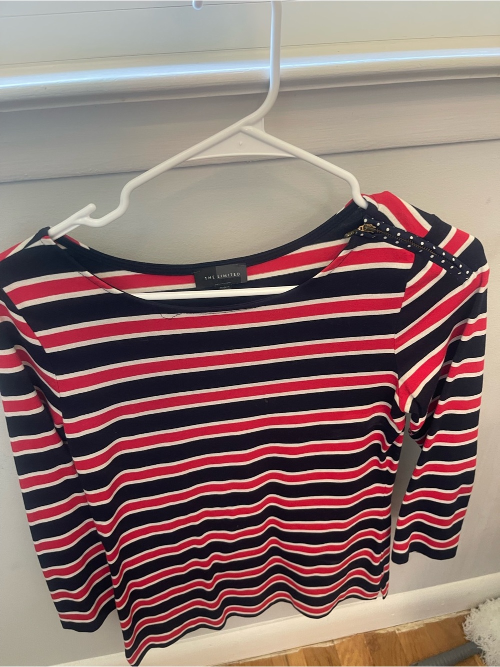 The Limited Navy and Red Striped Boatneck Top with Stud Shoulder